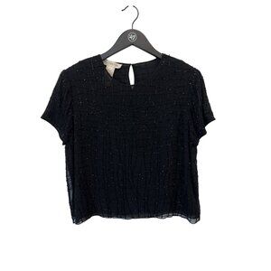 Jones New York Silk Beaded Blouse Sz 14 Short Sleeve Crop Top Black Embellished